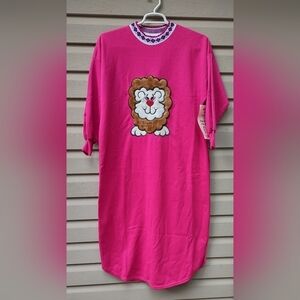Vtg NOS Beanzie Lion Embroidery Applique Hot Pink Sweatshirt Nightgown OSFA